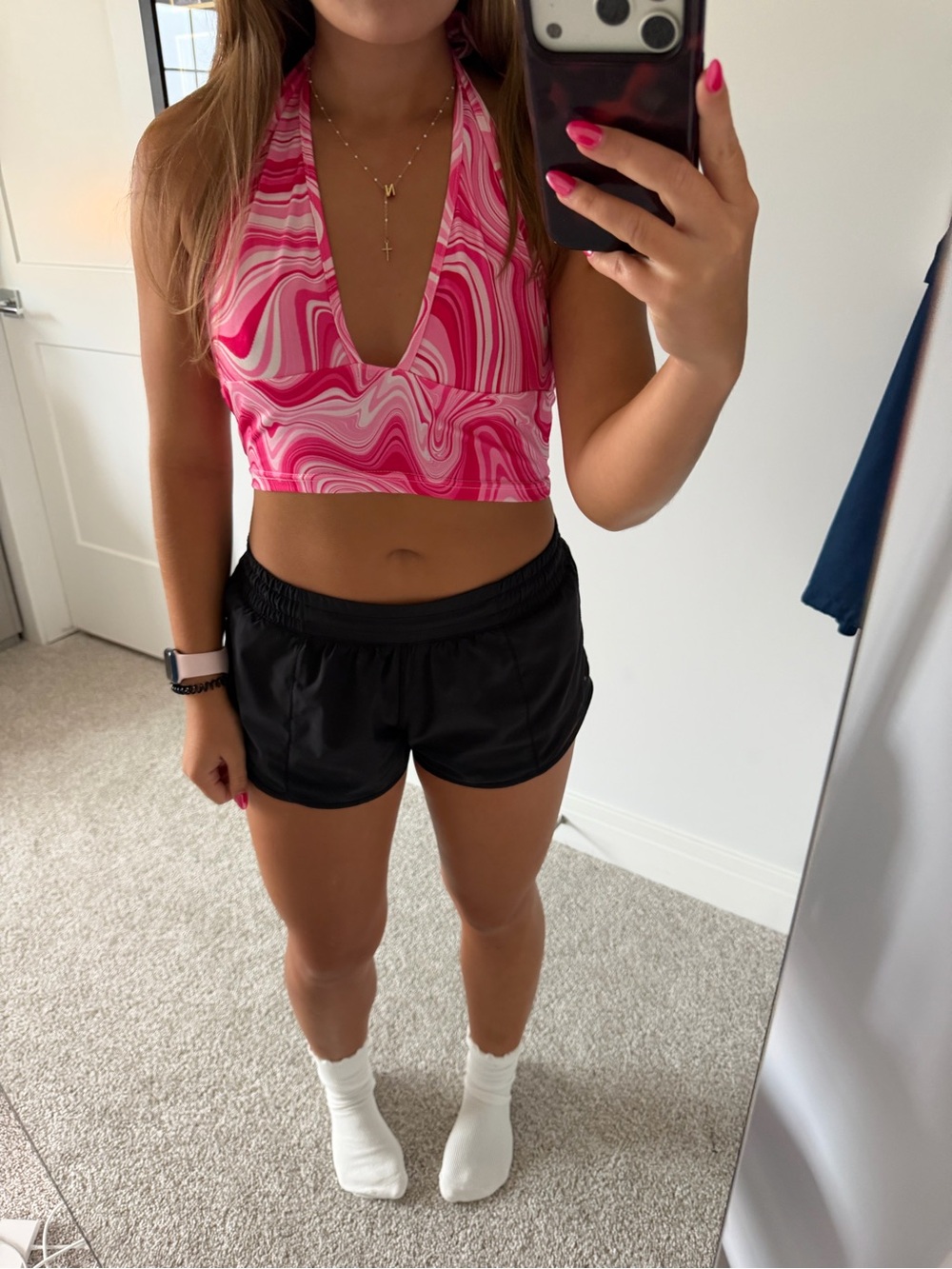 SHEIN Pink Swirl Halter Crop Tank Top